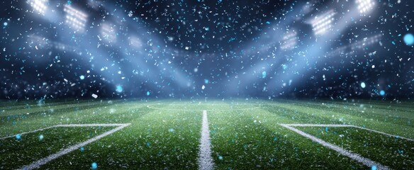 The snowy soccer field illuminated by stadium lights during a winter night.