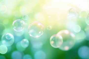 Transparent soap bubbles floating gently against a bright, blurred green and blue background creating a dreamy and calming atmosphere