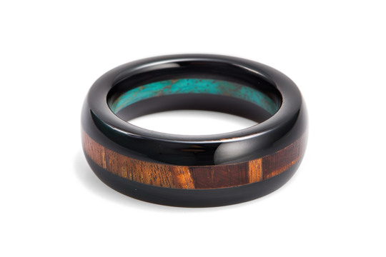 Black Wooden Ring with Teal and Brown Inlay on a transparent background