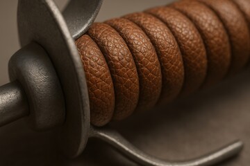 Ultra macro photo of fencing foil handle with leather grip. Detailed texture symbolizing precision, athlete equipment, training, competition, and professional fencing background