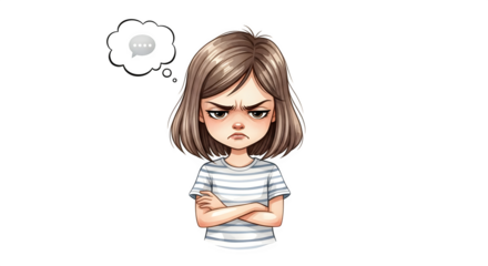 Cartoon girl with crossed arms and angry expression .ai generative, transparent background, white background. isolated on white background, png, jpeg, jpg.