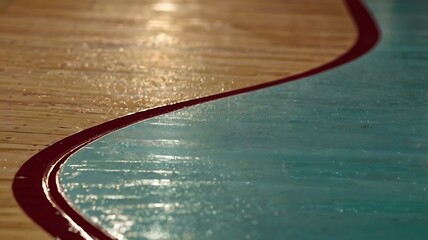 A close up of a basketball court showing the red line separating the wood and the blue surface