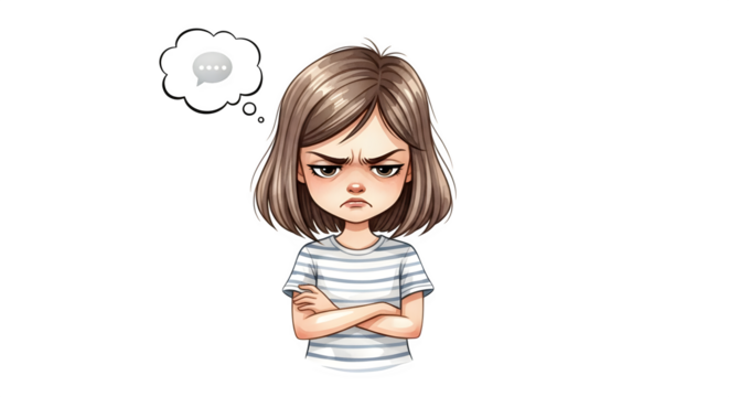 Cartoon girl with crossed arms and angry expression .ai generative, transparent background, white background. isolated on white background, png, jpeg, jpg.