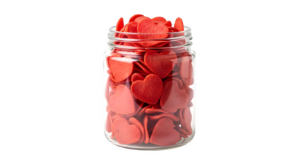 A clear jar filled with red heart shaped candies    .ai generative, transparent background, white background. isolated on white background, png, jpeg, jpg.