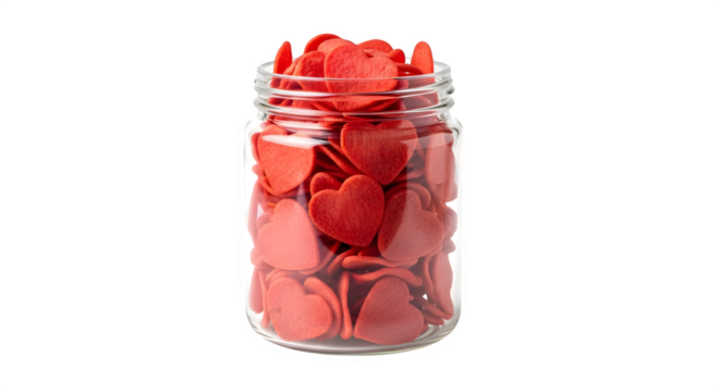 A clear jar filled with red heart shaped candies    .ai generative, transparent background, white background. isolated on white background, png, jpeg, jpg.