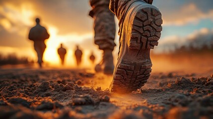 Close-up of a soldier's boot walking on dusty ground during sunset with silhouettes of other soldiers in the background creating a determined and intense mood