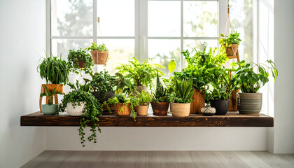 Fototapeta premium A collection of various potted houseplants arranged on a rustic wooden shelf in front of a bright window.