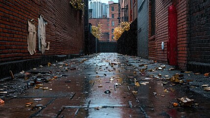 Fototapeta premium Empty narrow urban alleyway covered with litter and scattered debris on wet brick pavement between tall brick buildings with some distant trees and city skyscrapers in background