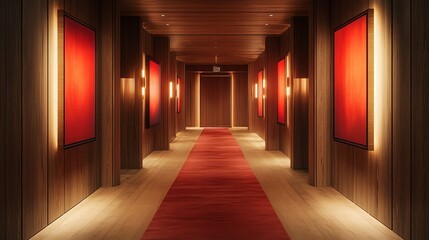 Luxurious Hotel Hallway with Red Carpet and Artwork