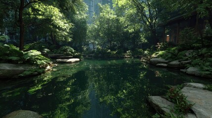 Lush urban oasis, tranquil pond