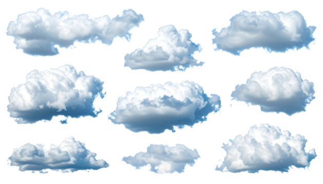 Collection of random shapes of abstract clouds. Cumulus different views clip art isolated on transparent background.