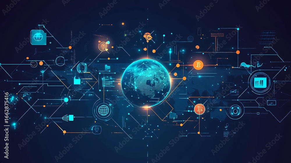 Poster a digital world connected by lines and icons on a dark background