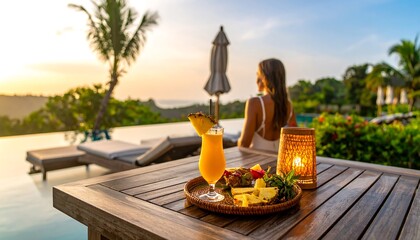 Tropical sunset poolside view with woman and drinks
