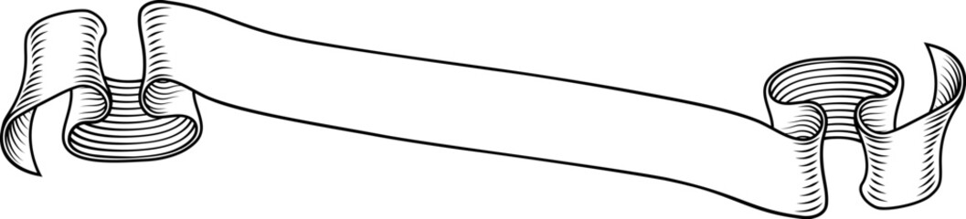 Scroll banner ribbon parchment band in an old vintage woodcut etching style.