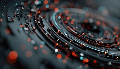 Abstract circular design with concentric layers, metallic elements, and vibrant highlights