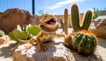 Bearded Dragon Lizard with Open Mouth in Desert Habitat.