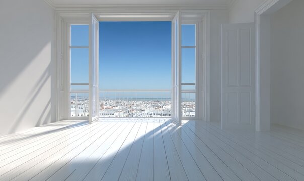 White room, open windows, city view