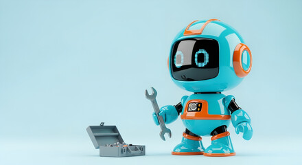 Cute robot fixing things with wrench and toolbox 3d render concept