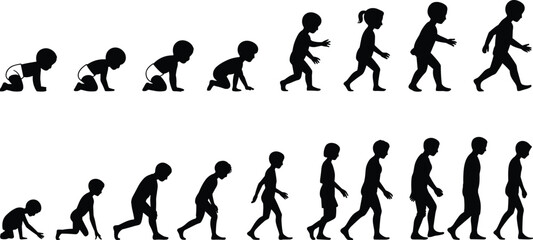 Child development stages, baby crawling, toddler walking, growth timeline, silhouette progression, human evolution, early childhood milestones, infant to adult, growing up vector illustration.