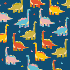 colorful dinosaur brontosaurus vector cartoon seamless pattern design for kids apparel fullprint fabric