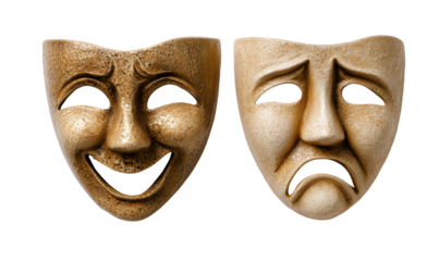 Two theatrical masks, one joyful, one sorrowful