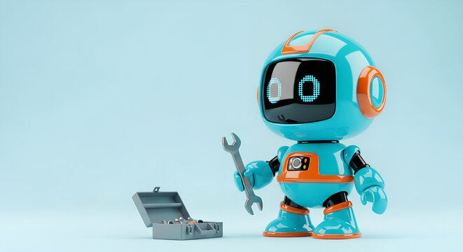 Cute robot fixing things with wrench and toolbox 3d render concept