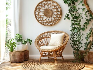 Bohemian Interior with Rattan Chair and Lush Greenery