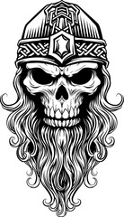 A Viking skull skeleton warrior or barbarian gladiator man mascot face looking strong wearing a helmet. In a retro vintage woodcut style.
