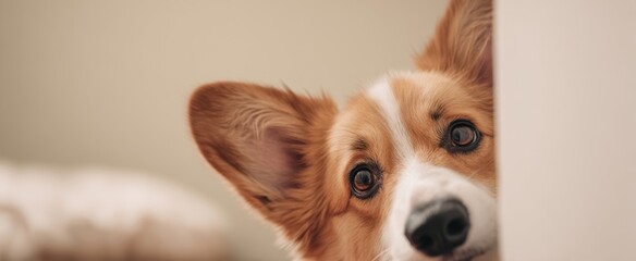 The curious corgi peeking around the corner with expressive eyes.