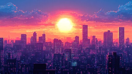 Fototapeta premium Pixel art cityscape with a vibrant synthwave sunset sky