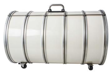 White cylindrical hard case with metal bands and wheels isolated with transparent background