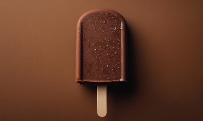 Close-up of a chocolate popsicle with water droplets on a brown background evoking freshness and coolness
