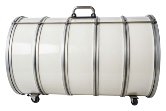 White cylindrical hard case with metal bands and wheels isolated with transparent background