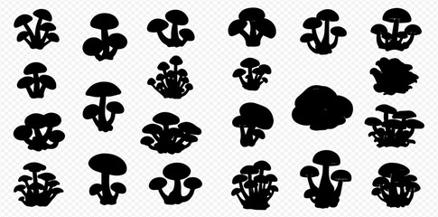 A diverse collection of black mushroom and fungi silhouettes, showcasing various shapes and cluster formations.