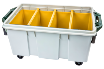 Mobile utility storage bin with yellow sorting compartments isolated with transparent background