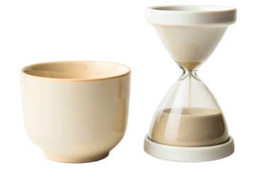 Minimalist hourglass and ceramic cup for a relaxing tea break isolated with transparent background