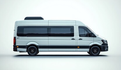 Side view of a modern white passenger van with tinted windows and black accents against a plain white background