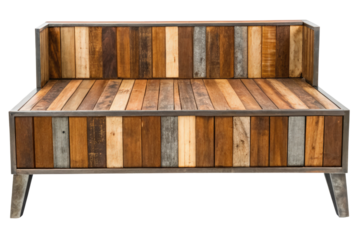 Modern industrial style bench made from reclaimed wood planks isolated with transparent background