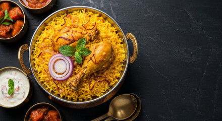Top view of a delicious Asian chicken biryani meal with spices, yogurt sauce and copyspace