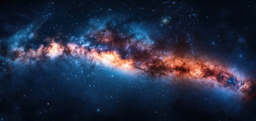 Naklejka premium Vibrant galaxy with glowing orange and blue hues surrounded by countless stars in deep space conveying vastness and mystery