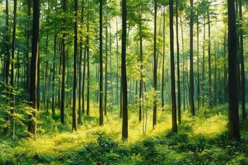 Obraz premium Sunlight filtering through tall, slender trees in a dense green forest with lush undergrowth and vibrant foliage creating a peaceful and serene atmosphere