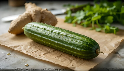 Fresh Cucumber, Ginger, and Cilantro on a Kitchen Counter