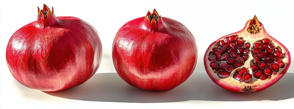 Two whole shiny red pomegranates and one half pomegranate showing red seeds against white background
