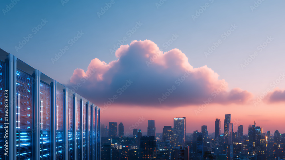 Poster revolutionizing edge cloud computing a futuristic data center in the clouds urban landscape digital 