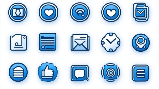 Set of sixteen simple blue and white digital interface icons with shadow effects on light background - Powered by Adobe