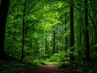 Obraz premium 緑に包まれた静かな森林の小道