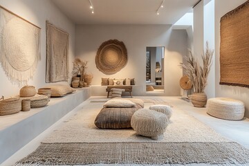 Beige Interior Design with Textural Rugs and Wall Decor