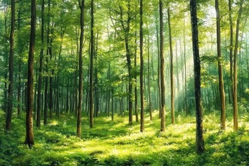 Obraz premium Sunlight filtering through tall green trees in a vibrant, peaceful forest with lush undergrowth and a serene natural atmosphere