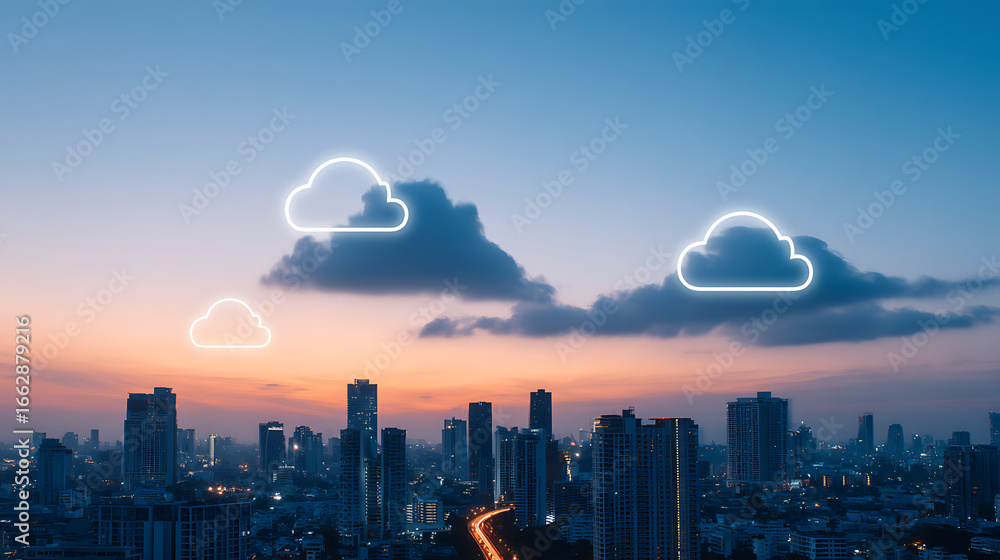 Poster revolutionizing cloud computing edge technology connecting buildings and pathways in dynamic digital