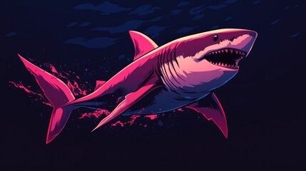Colorful digital illustration of a fierce shark swimming through dark water with splashes of vibrant pink and purple hues, conveying motion and intensity